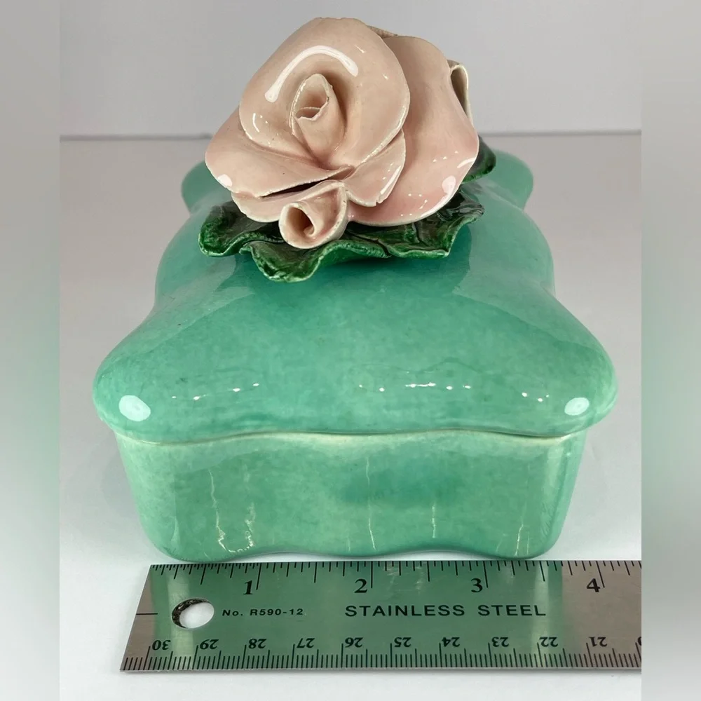 Vintage turquoise porcelain pink roses trinket jewelry box